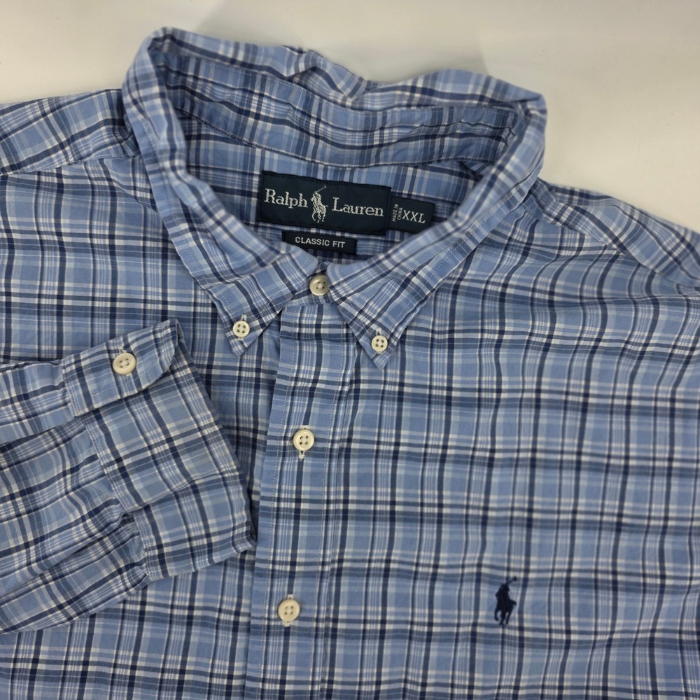 Ralph Lauren Button Down Shirt Mens XXL Classic Plaid Cotton Fit Blue Heritage